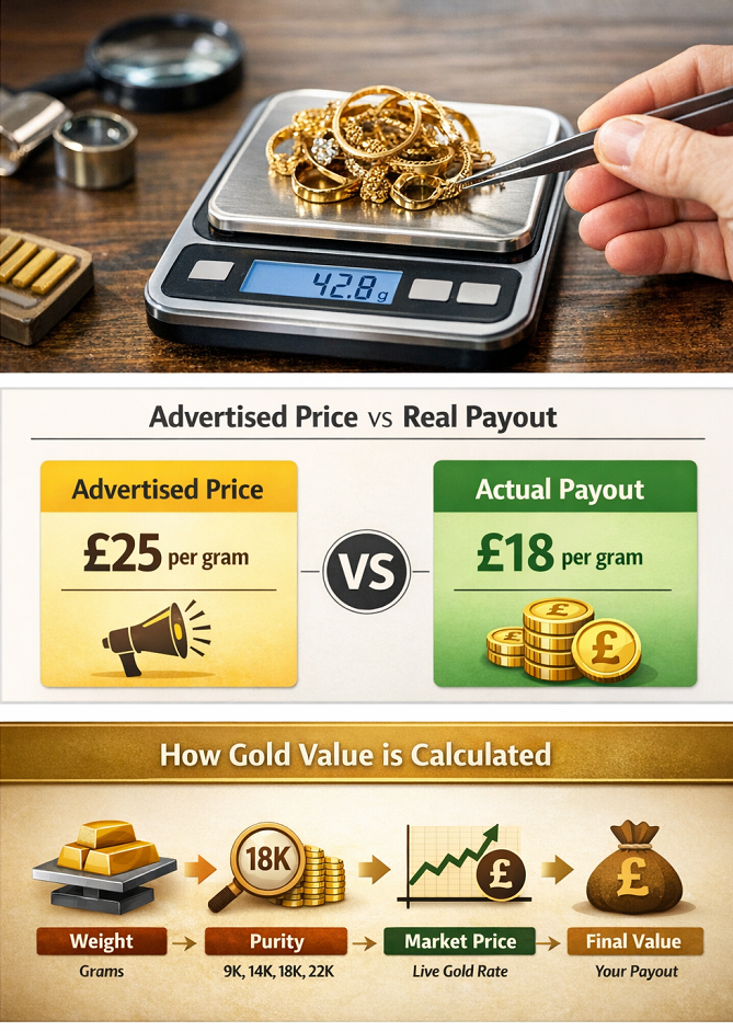Gold price comparison showing advertised versus real payout
