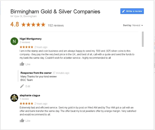 Real Examples of our gold buying reviews - Sell Gold, Silver, Jewellery and Scrap Plus Watches and Diamonds to The Birmingham Gold Company 